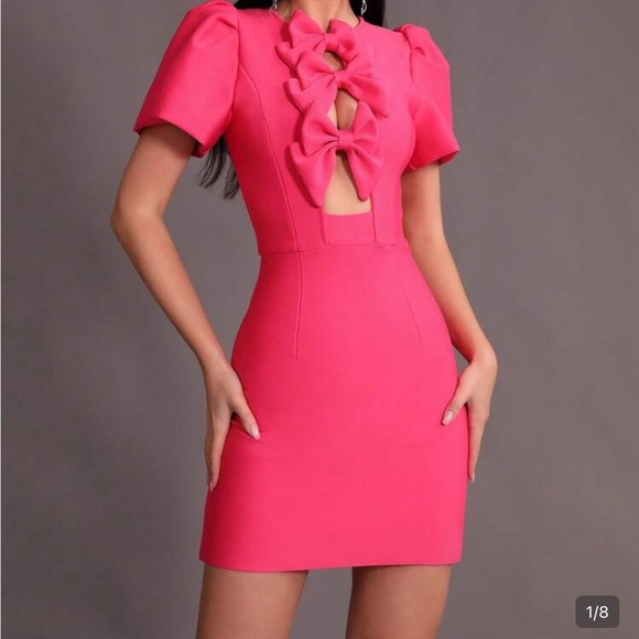 SHEIN Dresses & Skirts - SHEIN Hot Pink Bow-Front Puff Sleeve Mini Dress